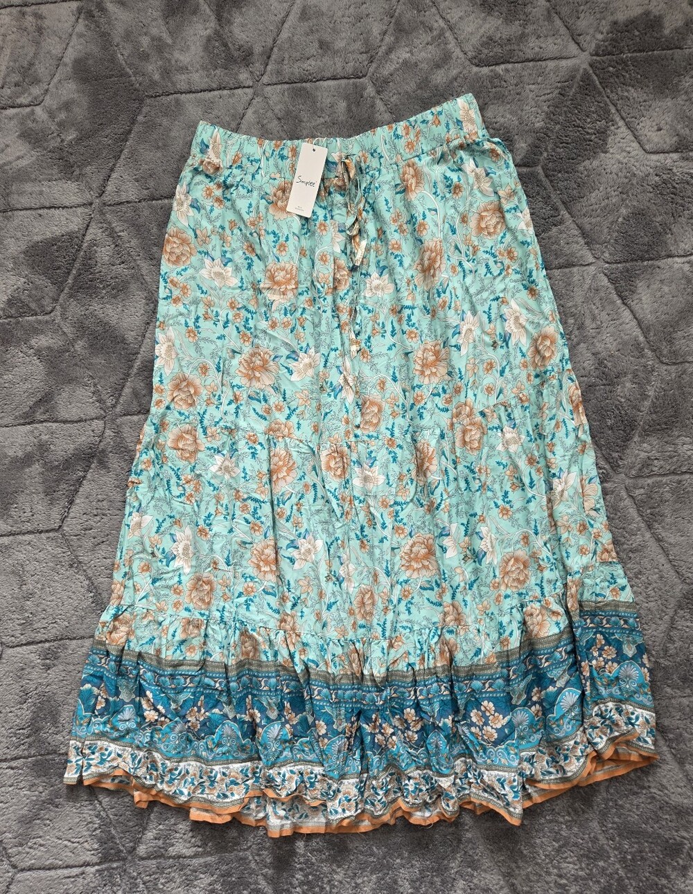 Simplee Plus Teal & Tan Floral Tiered Maxi Skirt Boho Hippie Western Summer 1X - Picture 2 of 6